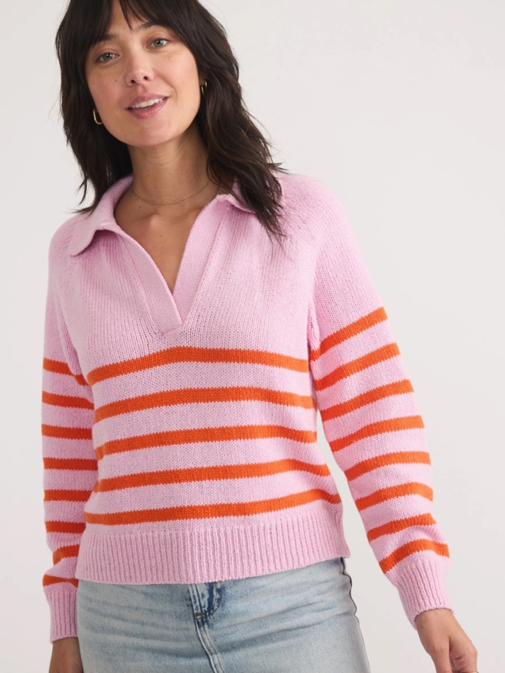 Marine Layer Pink V-Neck Sweater with Orange Stripes